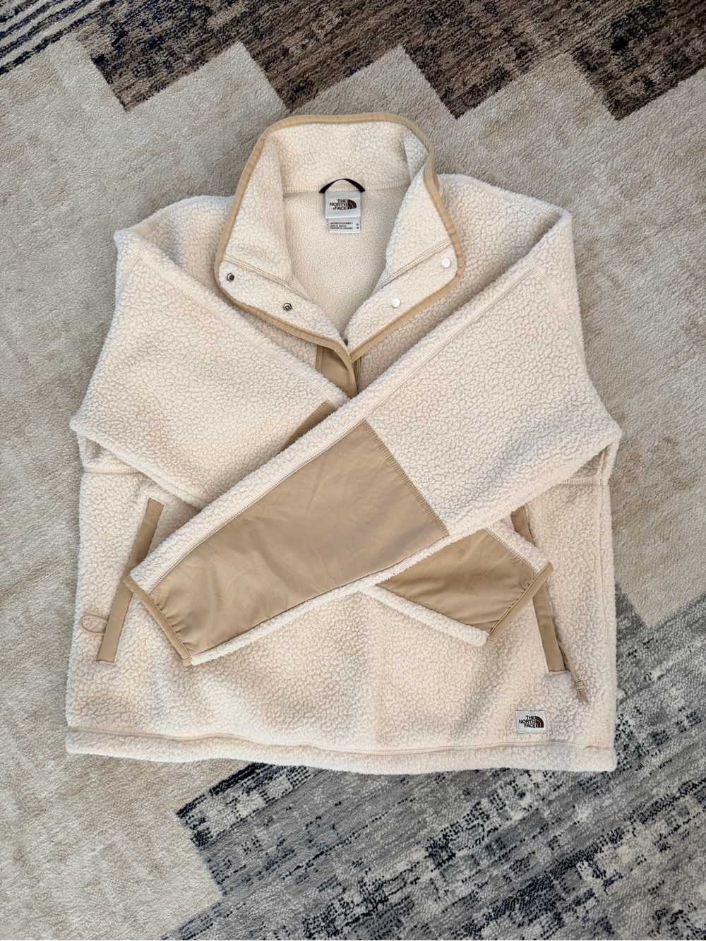 The North Face Cream Sherpa Pullover with Tan Panels